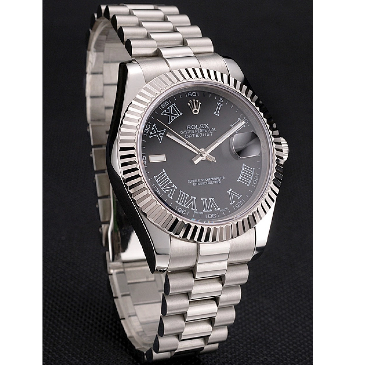 Aaa replica watch Dial Datejust Stainless Rolex Steel Case And Black Numerals Roman Bracelet Swiss 0516